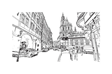 Building view with landmark of Prague is the 
capital of the Czech Republic. Hand drawn sketch illustration in vector