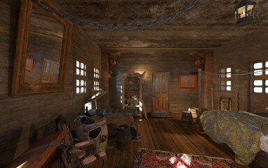 Old Pirate ship cabin interior 3d illustration