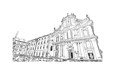 Obraz premium Building view with landmark of Prague is the capital of the Czech Republic. Hand drawn sketch illustration in vector
