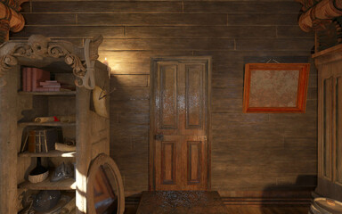 Fototapeta na wymiar Old Pirate ship cabin interior 3d illustration