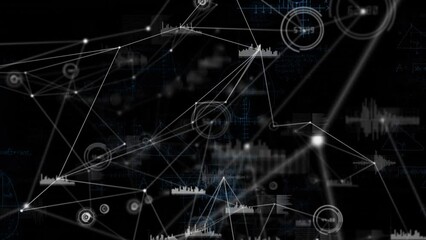 Animation of connected dots with soundwave and graph icons over mathematical diagrams in background - Powered by Adobe