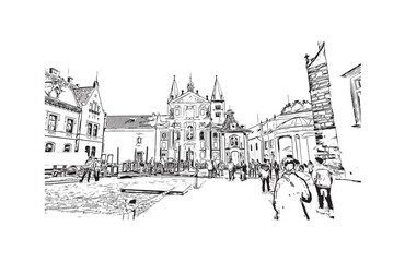 Building view with landmark of Prague is the 
capital of the Czech Republic. Hand drawn sketch illustration in vector