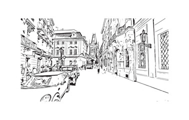 Building view with landmark of Prague is the 
capital of the Czech Republic. Hand drawn sketch illustration in vector
