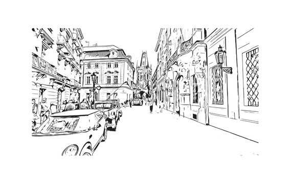 Building view with landmark of Prague is the 
capital of the Czech Republic. Hand drawn sketch illustration in vector
