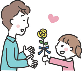 Fototapeta premium 黄色いバラをお父さんに渡す女の子 父の日のイラスト 横向き