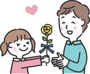 黄色いバラをお父さんに渡す女の子　父の日のイラスト