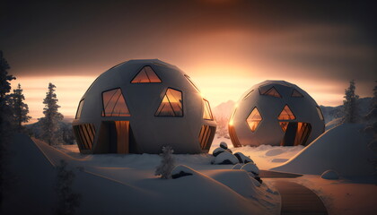 Fototapeta na wymiar two geodesic domes at sunset in remote snow landscape, made with generative ai