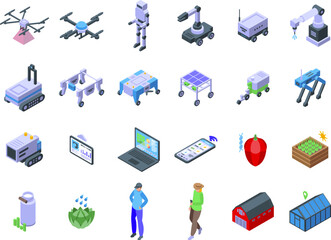 Artificial intelligence in agriculture icons set isometric vector. Smart field. Solar farmer - obrazy, fototapety, plakaty