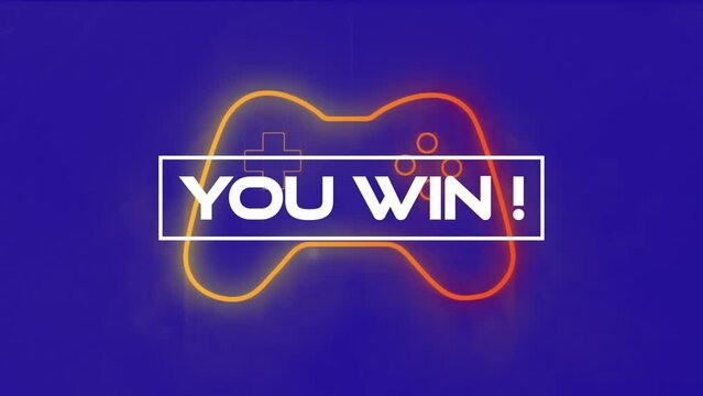 Animation of you win text over neon video game controller and purple background