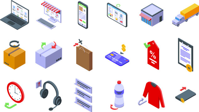 Returning goods to the shop icons set isometric vector. Product refund. Policy customer