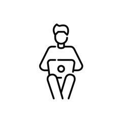 Man sitting and working with laptop on his knees. Pixel perfect, editable stroke icon
