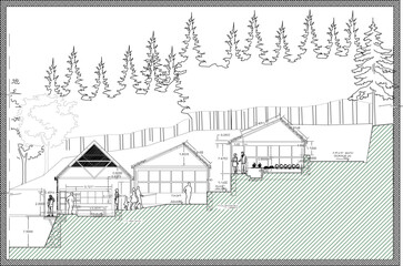 sketch vector illustration of a rest house design in the middle of a mountain