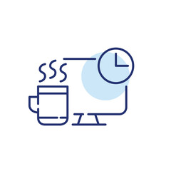 Coffee break at work. Hot mug and clock at desktop computer. Pixel perfect, editable stroke line icon