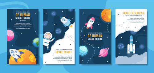 International Human Space Flight Day Social Media Stories Cartoon Hand Drawn Templates Background Illustration - obrazy, fototapety, plakaty