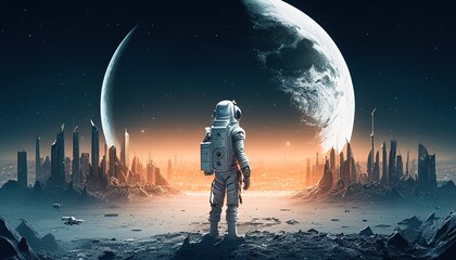 astronaut on cityscape moon digital art illustration, Generative AI
