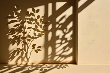 empty tan exterior with plant and graphic shadows, made with generative ai