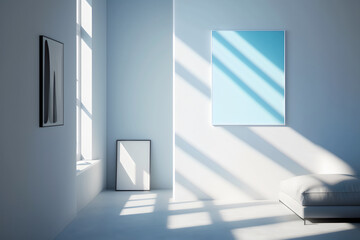 empty blue gallery room with blank picture frames and graphic shadows, made with generative ai
