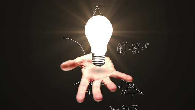 Animation of light bulb on cropped palm over mathematical equation and diagrams on black background