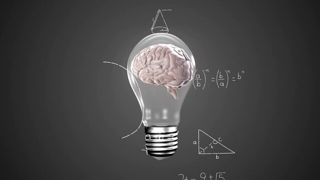 Animation of human brain in light bulb over mathematical equation and diagram on gray background
