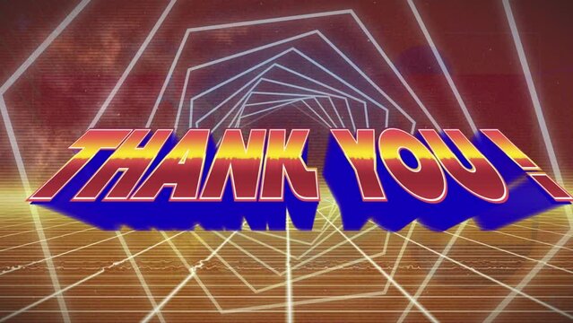 Animation of thank you text in hexagon tunnel over grid pattern against cloudy sky