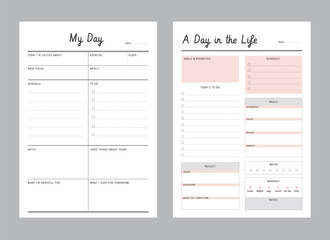 My Day and a day in the life planner. Minimalist planner template set. Vector illustration.