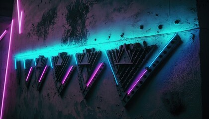 Vivid neon lights on concrete background. Cement walls with distressed cracks. Light bulbs glowing bright colors design.