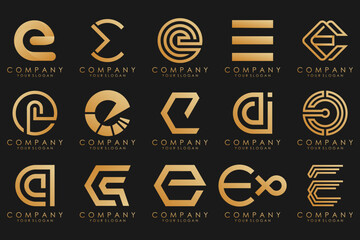 collection logos golden luxury with letters E. Geometrical abstract logos.