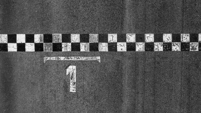 Aerial top view grid start, Start of track, Racing asphalt road
