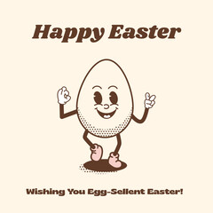 Funky retro banner with walking Easter Egg character. Happy Easter greeting card in vintage nostalgic groovy style. Quirky outline mascot for holiday. Social media square template. Vector illustration
