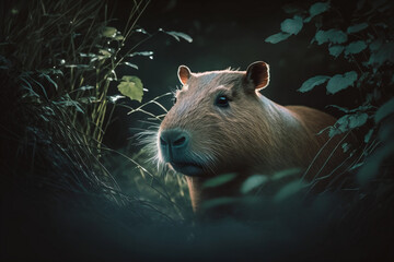 Capybara hiding in the bushes. Generative AI