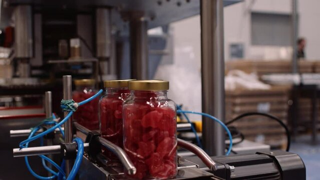 Red multivitamin supplements in bottles moving on conveyor in factory