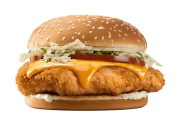 Southern fried chicken burger with sesame seed burger bun, background removed. Created with Generative AI technology	