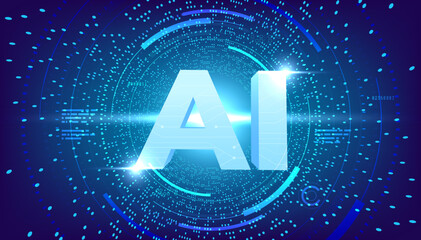 AI Artificial intelligence 3D text with circuit lines on blue background.