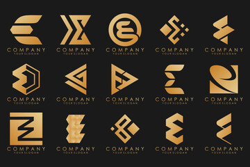 collection logos golden luxury with letters E. Geometrical abstract logos.