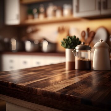 Wood Table Top On Blur Kitchen Counter (room)background. For Montage Product Display Or Design Key Visual, AI Generative