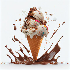 rocky road, ice cream cone in white background, Generative AI