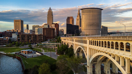 Cleveland, Ohio skyline with colorful cloudy sky