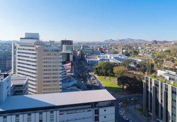 Fototapeta premium Aerial view of buildings in Windhoek downtown urban city town. Namibia, South Africa.