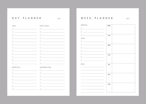 2 set of Day Week Planner template. Minimalist planner template set. Vector illustration.