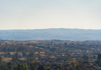 Aerial view of buildings in Windhoek downtown urban city town. Namibia, South Africa.