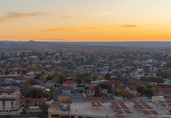 Aerial view of buildings in Windhoek downtown urban city town. Namibia, South Africa.