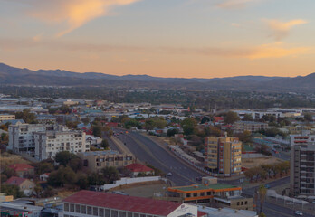 Fototapeta premium Aerial view of buildings in Windhoek downtown urban city town. Namibia, South Africa.