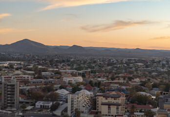 Fototapeta na wymiar Aerial view of buildings in Windhoek downtown urban city town. Namibia, South Africa.