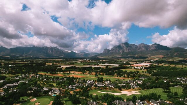 Aerial of Val de Via Golf Estate, overlooking Paarl Valley Mountains and Stellenbosch, near Cape Town, Western Cape, South Africa 1