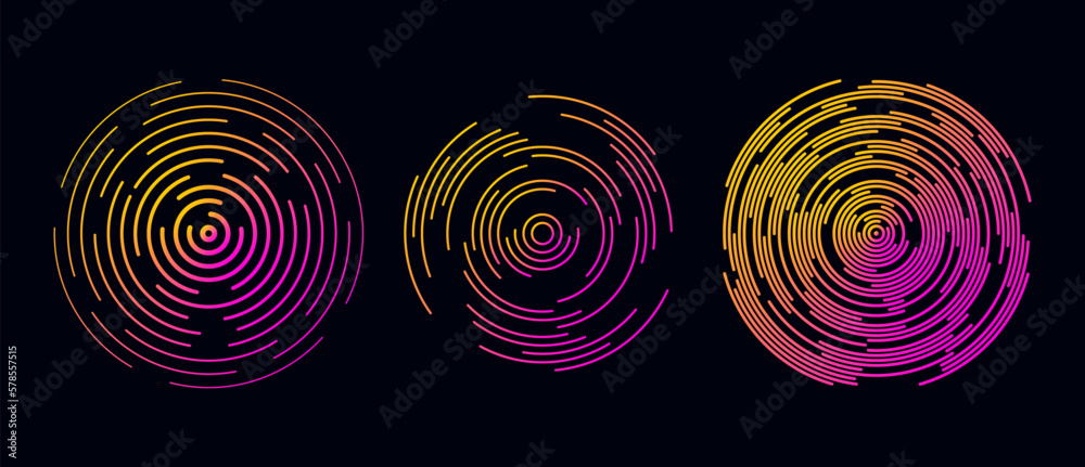 Poster concentric circle segments set in dark theme. rippled round patten collection. yellow pink sound wav