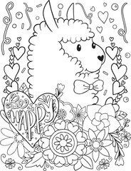 Hand drawn with inspiration word. Be Happy font with cute alpaca and flowers element for Valentine's day or Greeting Cards.Coloring for adult and kids. Vector Illustration
