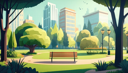 City park in the morning, deserted street, tall skyscrapers. cityscape with seats, bicycle paths, lamps, and trees and plants. Sunrise tranquility, midday park. cartoon flat illustration Generative ai