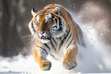 Fototapeta na wymiar Illustration of a powerful tiger running through snowy terrain, showcasing the grace and strength of this top predator among mammals. Generative AI