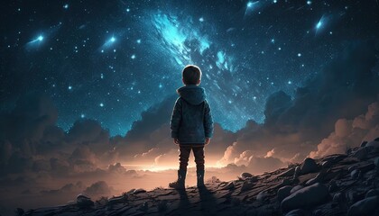 Fototapeta na wymiar illustration of a boy looking at night starry sky with glitter glow galaxy flicker above, idea for prayer of hope, love, peace theme, Generative Ai