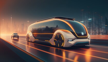Obraz na płótnie Canvas hi-tech future car with light trail and speed blur cityscape background, Generative Ai
